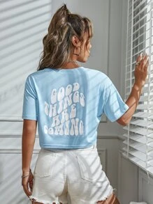 SHEIN MOOSTA Slogan Graphic Drop Shoulder Crop Tee GOOD THINGS ARE COMING - Baby Blue - View 3