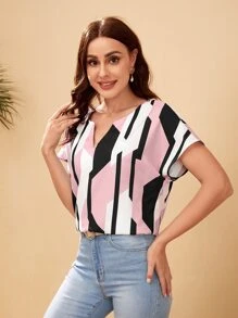 SHEIN Clasi Top de cuello notch de manga murciélago - Multicolor - Ver 3