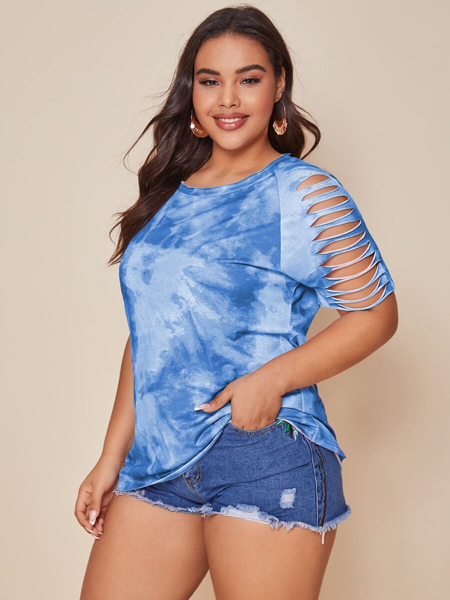 Plus Tie Dye Ripped Tee - Blue and White - View 1