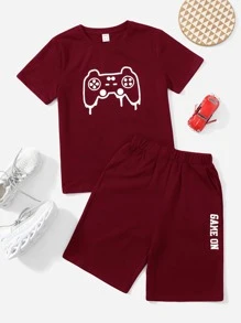 SHEIN Boys Gamepad Print Tee & Track Shorts Set - Burgundy - View 1