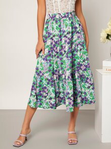 Falda con estampado floral bajo con fruncido - Multicolor - Ver 1