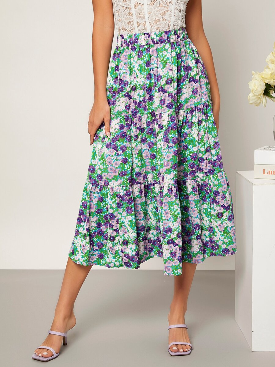 Falda con estampado floral bajo con fruncido - Multicolor - Ver 1