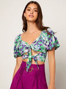 SHEIN VCAY 滿版印花前打結鏤空短款襯衫 - 彩色 - 查看 3