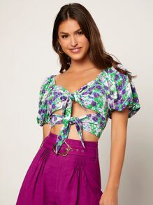 SHEIN VCAY 滿版印花前打結鏤空短款襯衫 - 彩色 - 查看 4