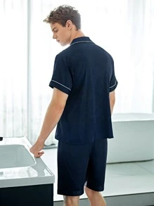 Men Solid Pocket Patched Contrast Trim Shirt & Shorts PJ Set - Navy Blue - View 2