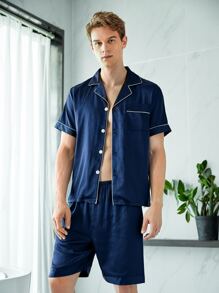 Men Solid Pocket Patched Contrast Trim Shirt & Shorts PJ Set - Navy Blue - View 3