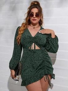 SHEIN Holidaya Plus Dalmatian Print Lantern Sleeve Cut Out Drawstring Front Dress - Dark Green - View 1