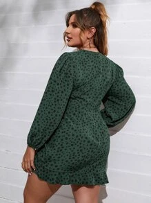 SHEIN Holidaya Plus Dalmatian Print Lantern Sleeve Cut Out Drawstring Front Dress - Dark Green - View 2