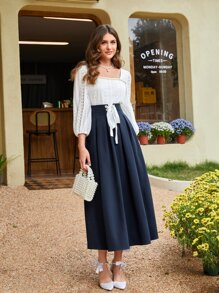 Mulvari 燈籠袖蕾絲上衣和前繫帶半身裙