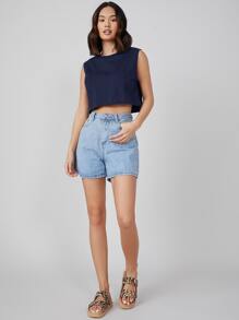 SHEIN BASICS NỮ Tối giản Màu thuần Không tay Dệt kim Áo - Màu xanh hải quân - Xem 4