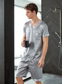 Men Satin All Over Print PJ Set / Pajama Set - Grey - View 1