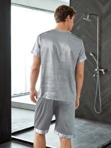 Men Satin All Over Print PJ Set / Pajama Set - Grey - View 2
