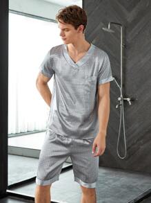 Men Satin All Over Print PJ Set / Pajama Set - Grey - View 4
