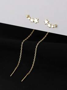 Nooxian Star & Cubic Zirconia Decor Thread Earrings - Yellow Gold - View 4