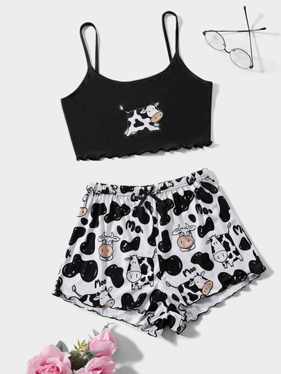 Ensemble pyjama/Ensemble de camisole à volants imprimé vache Plus Size