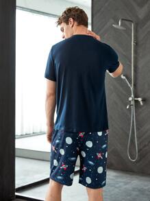 Hombres Conjunto de pijama shorts con camiseta con estampado de dibujos animados - Azul Marino - Ver 2