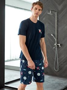 Hombres Conjunto de pijama shorts con camiseta con estampado de dibujos animados - Azul Marino - Ver 3