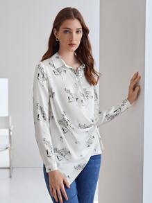 MOTF X Dina Brodsky 100% SILK PRINTED SHIRT - White - View 6