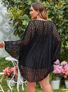 SHEIN Swim Curve Plus Size Geometric Lace Batwing Sleeve Loose Kimono Cover Up, Simple Style For Vacation And Going-Out - Black - View 2
