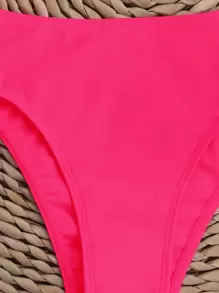Conjunto de bikini con volantes y fruncidos con aros en forma de V, para el verano y las vacaciones en la playa - Rosa Fucsia - Ver 3