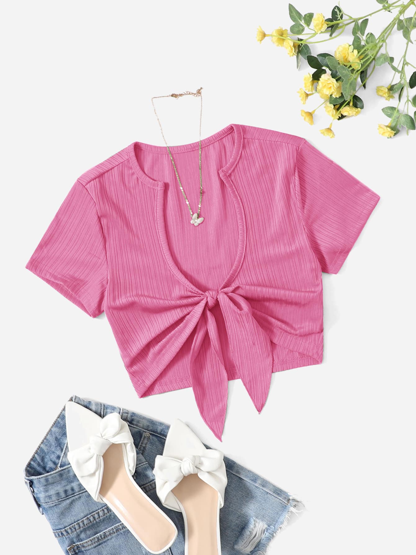 SHEIN EZwear Tie Front Crop Top - Pink - View 1