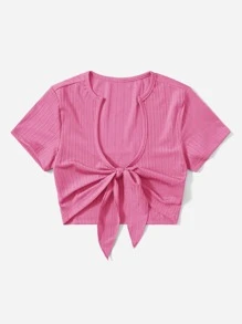 SHEIN EZwear Tie Front Crop Top - Pink - View 3