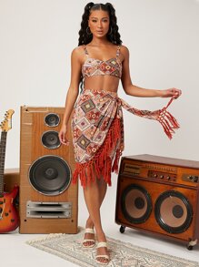 幾何印花吊帶上衣和流蘇邊圍裹腰帶半身裙 - 彩色 - 查看 3