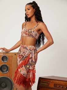 幾何印花吊帶上衣和流蘇邊圍裹腰帶半身裙 - 彩色 - 查看 4