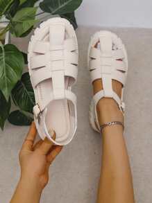 Vacation Beige Sandals For Women, Buckle Decor Platform Gladiator Sandals