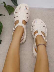 Vacation Beige Sandals For Women, Buckle Decor Platform Gladiator Sandals
