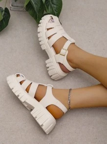 Vacation Beige Sandals For Women, Buckle Decor Platform Gladiator Sandals