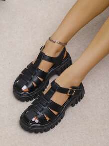 女士黑色朋克风搭扣纯色坡跟凉鞋，带绑带细节，适合春夏穿搭 - 黑色 - 查看 2
