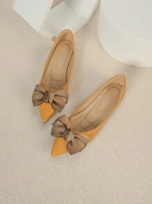 Fall/Winter Bow Decor Point Toe Ballet Flats Valentines - Yellow - View 1