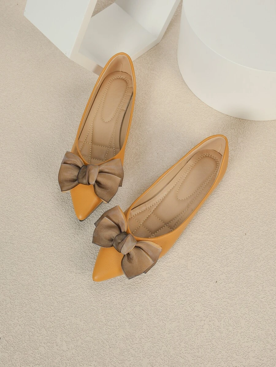 Fall/Winter Bow Decor Point Toe Ballet Flats Valentines - Yellow - View 1