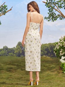 Mulvari Floral Print Knot Shoulder Split Thigh Slip Dress - Beige - View 2