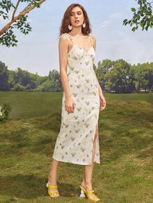 Mulvari Floral Print Knot Shoulder Split Thigh Slip Dress - Beige - View 3