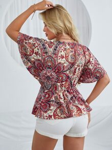 SHEIN Holidaya Paisley Print Wrap Ruffle Hem Blouse Peplum Top - Multicolor - View 2