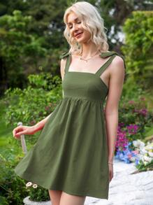 Solid Tie Shoulder Flared Hem Dress - Dark Green - View 1