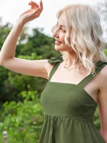 Solid Tie Shoulder Flared Hem Dress - Dark Green - View 3