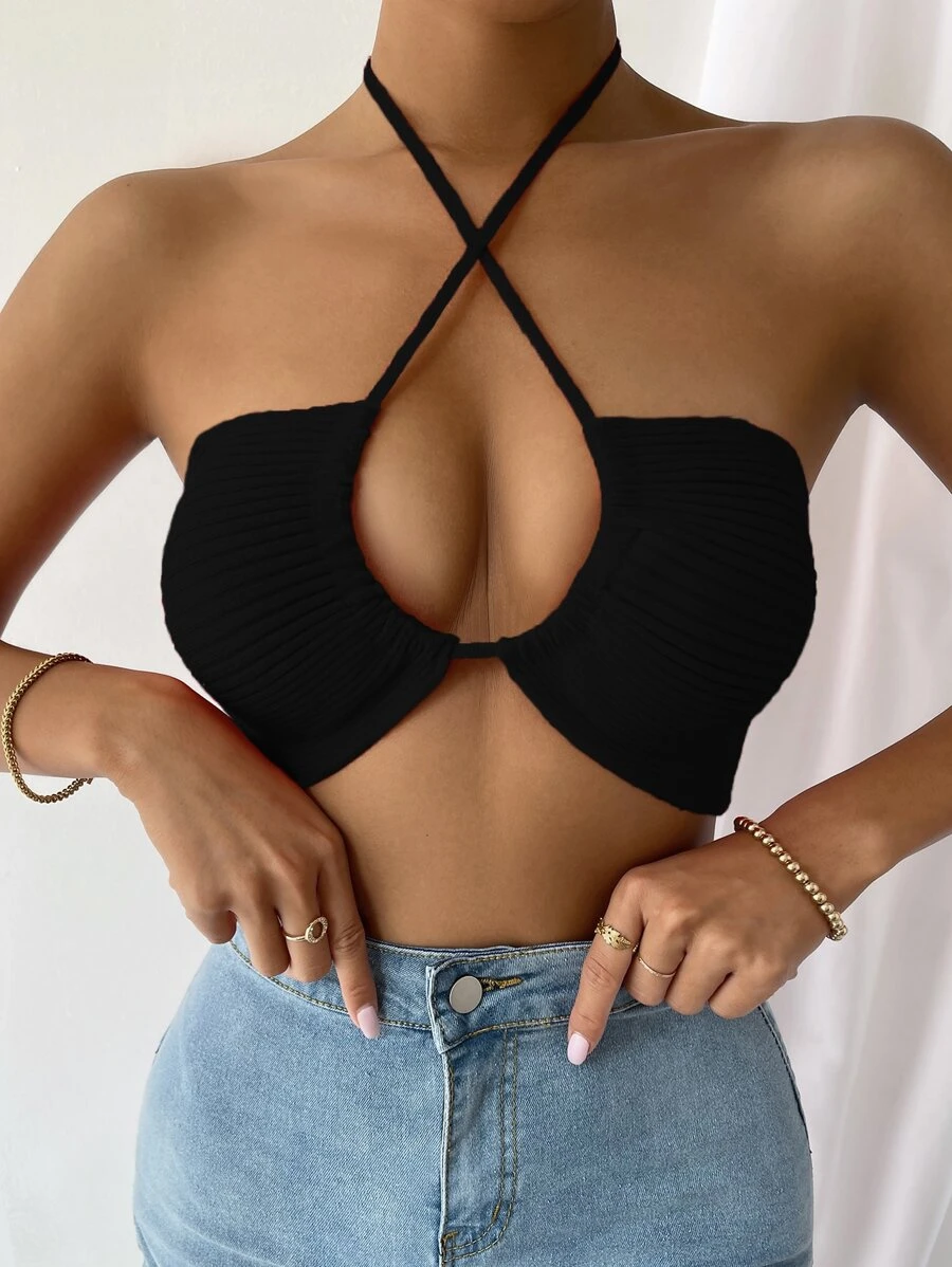 SHEIN Unity Top de espalda abierta tejido de canalé - Negro - Ver 1