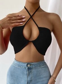 SHEIN Unity Top de espalda abierta tejido de canalé - Negro - Ver 6