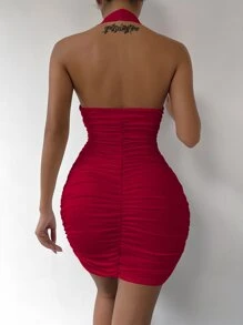 SHEIN Slayr Vestido ajustado de espalda abierta fruncido halter - Burdeos - Ver 2