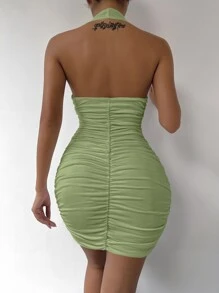SHEIN Privé Backless Ruched Halter Bodycon Dress - Mint Green - View 2
