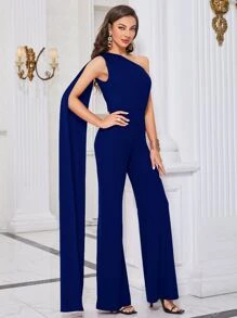 Modelyn One Shoulder Extra-long Sleeve Jumpsuit - Navy Blue - View 4