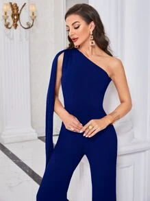 Modelyn One Shoulder Extra-long Sleeve Jumpsuit - Navy Blue - View 5