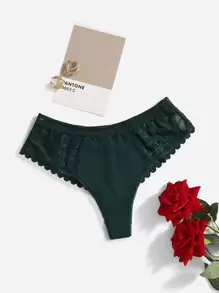 Women's Dark Green Lace Thong Panties Plain Medium Stretch Underwear Contrast Lace Detail - Dark Green - View 1