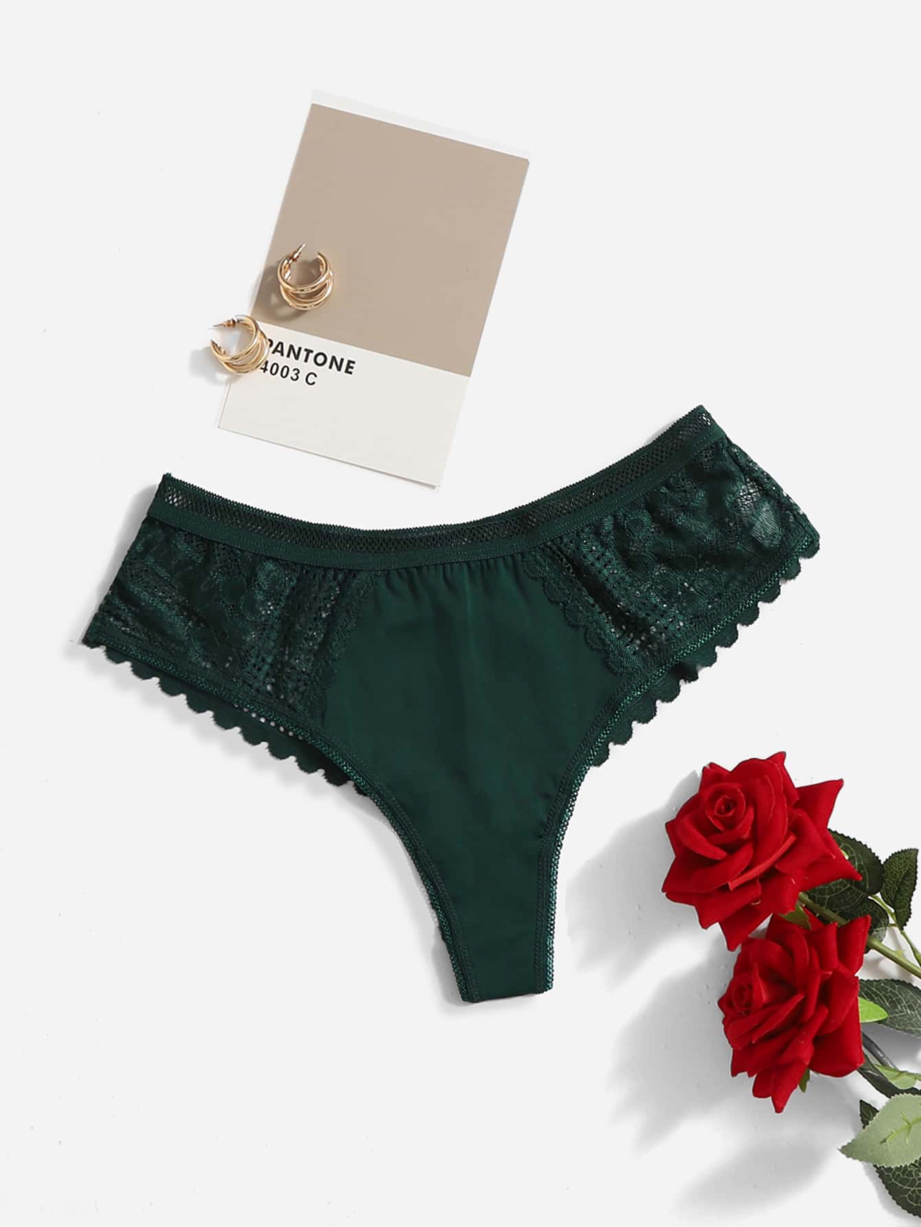 Women's Dark Green Lace Thong Panties Plain Medium Stretch Underwear Contrast Lace Detail - Dark Green - View 1