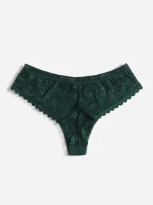 Women's Dark Green Lace Thong Panties Plain Medium Stretch Underwear Contrast Lace Detail - Dark Green - View 2