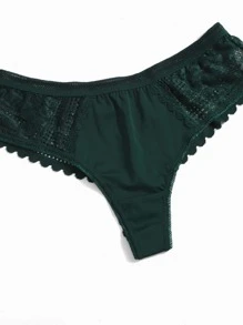Women's Dark Green Lace Thong Panties Plain Medium Stretch Underwear Contrast Lace Detail - Dark Green - View 3