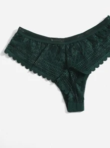 Women's Dark Green Lace Thong Panties Plain Medium Stretch Underwear Contrast Lace Detail - Dark Green - View 4